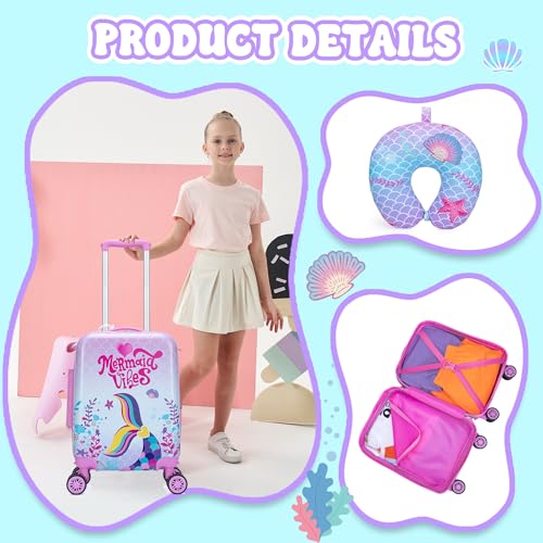 Cute Mermaid Kid’s Luggage Set 2 Piece Suitcase Set 16" Hardside Luggage with Spinner Wheels Girls Carry on Toddler Travel Rolling Luggage Airline Approved (2 Count)
