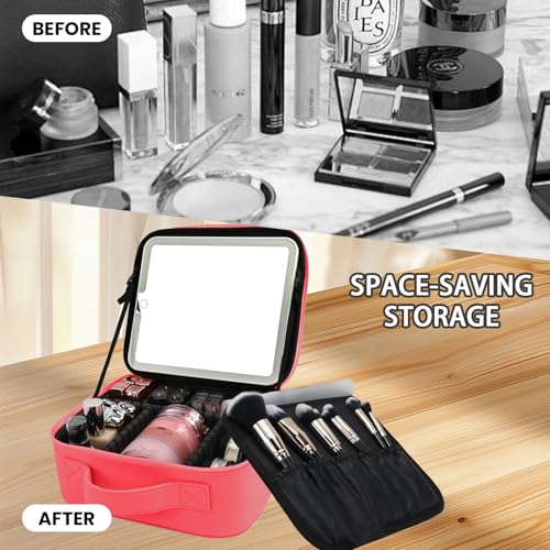 Travel Makeup Bag with LED Mirror and Light Makeup Travel Bag Organizer Portable Cosmetic Brush Organizer Bag with Adjustable Dividers for Cosmetics Makeup Brushes Toiletry
