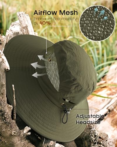 Womens Sun Hat with Ponytail Hole Beach Hiking Summer Wide Brim UPF 50+ Outdoor Protection Foldable Bucket Hat Green