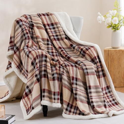 Sherpa Fleece Throw Blanket 60" x 80" Reversible Plush Fluffy Large Big Blanket Lattice Flannel Blankets for All Season Use