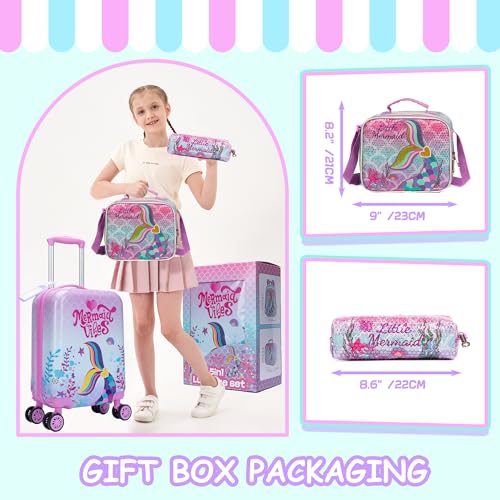 Cute Pink Mermaid Kid’s Luggage Set 5 Piece Suitcase Set 16’’ Hardside Luggage with Spinner Wheels Girls Boys Carry on Toddler Luggage Travel Rolling Luggage Carry on Luggage Airline Approved (5 Count)
