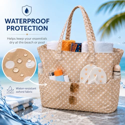 Waterproof Beach Tote Bag for Women Girls with Zipper Foldable Sandproof Pool Swim Bag Travel Carry On Gym