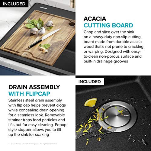 Bellucci 25 inch Granite Workstation Drop In Top Mount Single Bowl Kitchen Sink in Metallic Black with Accessories