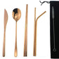 7 Pcs Portable Flatware Set, 304 Stainless Steel Cutlery Set Travel Utensils Set w/Pouch Fork Spoon Chopsticks Straws for Travel Camping Office School, Dishwasher Safe & Eco-Friendly (Rose Gold)