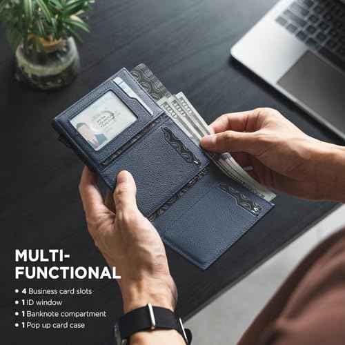 Pop up Card Wallet Minimalist Cash Wallets RFID Blocking Leather Smart Credit Card Holder with ID window for Men
