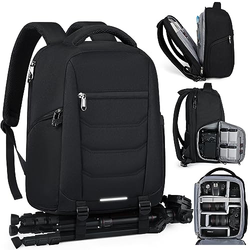 Camera Bag Backpack Professional for DSLR SLR Mirrorless Camera Waterproof Laptop Back Pack 15.6 Inch with Rain Cover Anti Theft Travel Case Large Capacity Photography Backpack Black