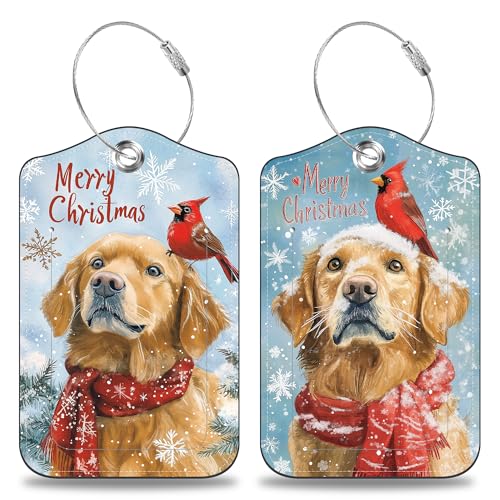 Christmas Dog and Red Cardinal Bird Set of 2 Luggage Tags for Suitcases Leather Suitcase Tags Identifiers with Privacy Name Label and Stainless Steel Loop for Women Men Travel Luggage Accessories (2 Count)