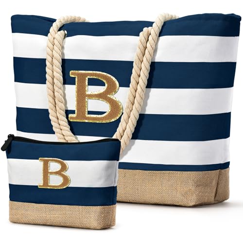 Beach Bag Initial Beach Tote with Makeup Bag for Travel Work Storage Personalized Birthday Gifts for Women Her