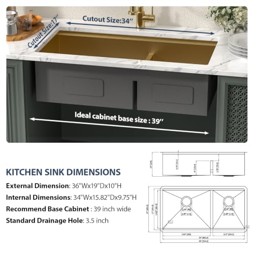 36 Inch Matte Gold Double Bowl Kitchen Sinks