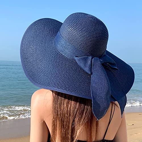Women Wide Brim Bow Straw Hat Floppy Foldable Beach Sun Hat Roll up Cap UPF 50+