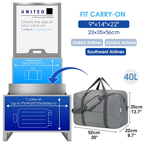 Foldable Carry on Luggage 22x14x9 Airline Approved Duffle Bag for Travel Packable Duffel Bag for Traveling Airplane for Women and Men 40L
