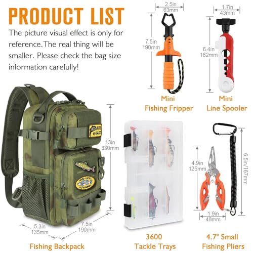 Small Fishing Backpack Fishing Sling Bag with 3600 Tackle Box Small Tackle Backpack with Tool Set Green