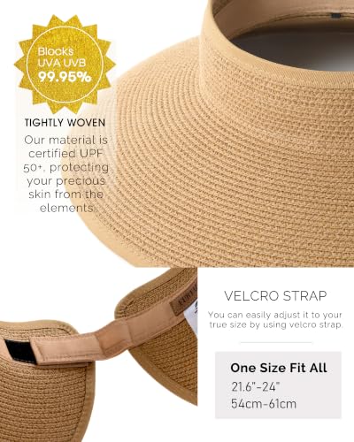 Womens Sun Hat with Ponytail Hole Wide Brim Beach Straw Visor Khaki