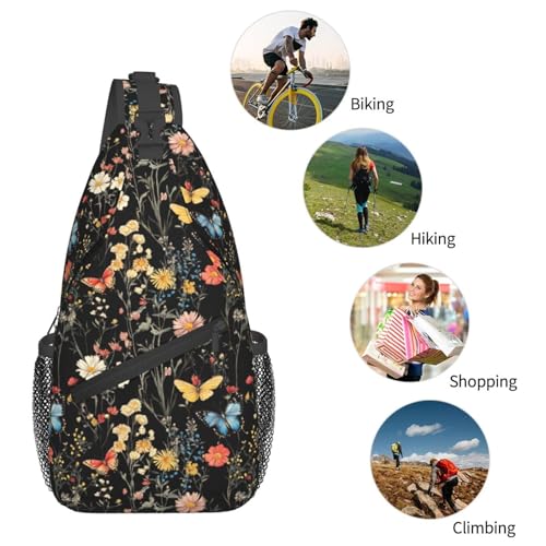 Sling Bag Wildflower Botanical Butterfly Flower Hiking Daypack Crossbody Shoulder Backpack Travel Chest Pack for Men Women
