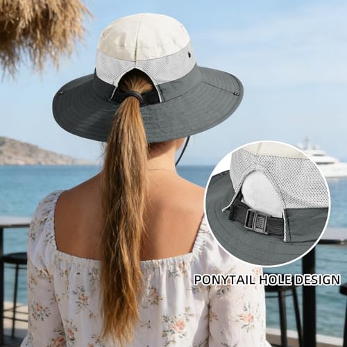 Ponytail Sun Bucket Hats for Women UV Protection Foldable Wide Brim