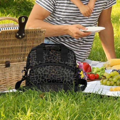 Black Leopard Cheetah Insulated Lunch Bag for Women Girl Reusable Lunch Tote Box With Shoulder Strap Lightweight Thermal Cooler Meal Prep Bag for Work School Office Picnic (B03:black Leopard)