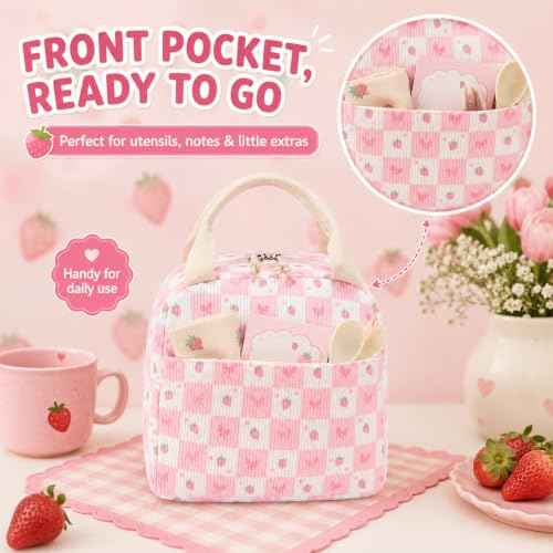Lunch Bag for Women Cute Corduroy Lunch Tote Bags with Shoulder Strap Reusable Insulated Lunch Box Large Capacity Reusable Insulated Cooler for Work Picnic or Travel