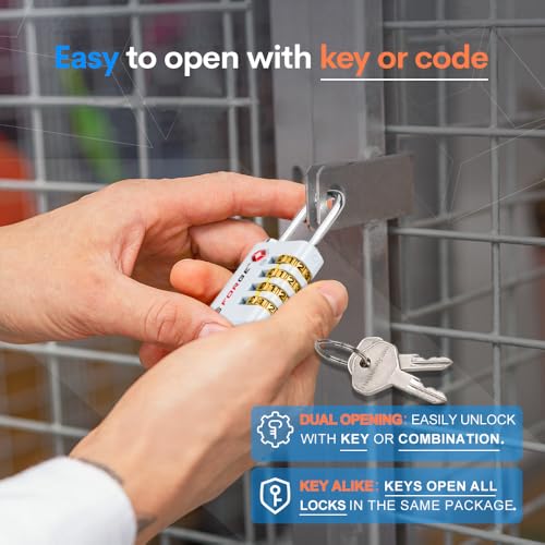 Dual-Opening: Key or Combination Access Lock, TSA Approved Locks for Luggage, Pelican case, Travel, Gym, School, Stainless Steel Shackle. (White, 2 Pk) (2 Count)