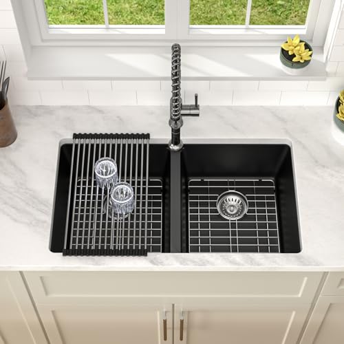 33 inch Quartz Matte Black Granite Composite Double Bowl Undermount Kitchen Sink Basin Deep 50
