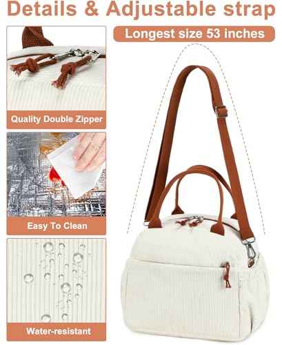 Lunch Bag for Women Cute Corduroy Lunch Tote Bags with Shoulder Strap Reusable Insulated Lunch Box Large Capacity Reusable Insulated Cooler for Work Picnic or Travel