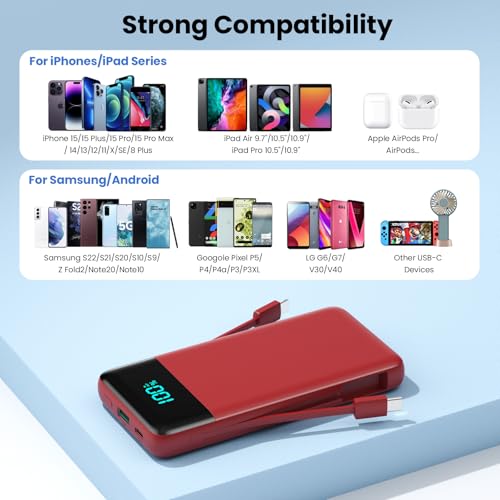 Portable Charger for iPhone with Built in Cables and Wall Plug