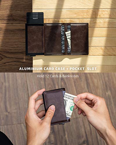 Card Holder Pop Up Slim Wallet Leather RFID Blocking Card Case Up to 8 Credit Cards Espresso (7 Count)