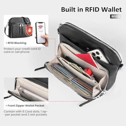 Black Genuine Leather Crossbody Bags for Women Travel Wallet Purse