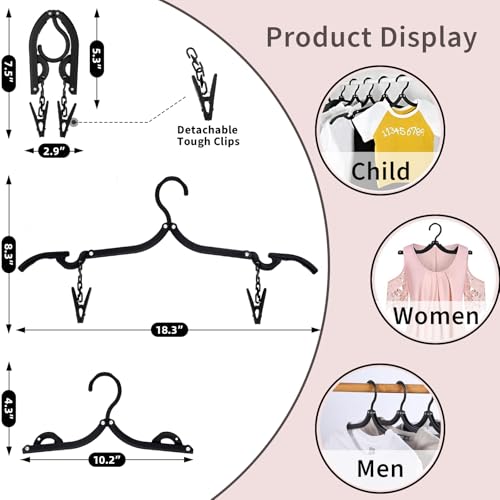 12pcs Black Travel Hangers with 24pcs Clips Foldable for Suitcase (12 Count)