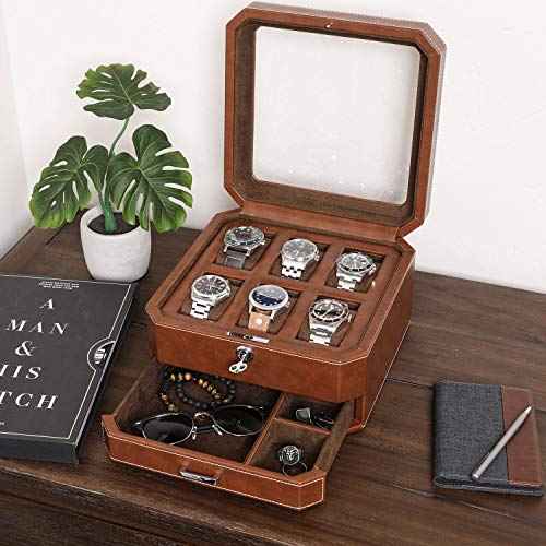 6 Slot Leather Watch Box with Valet Drawer