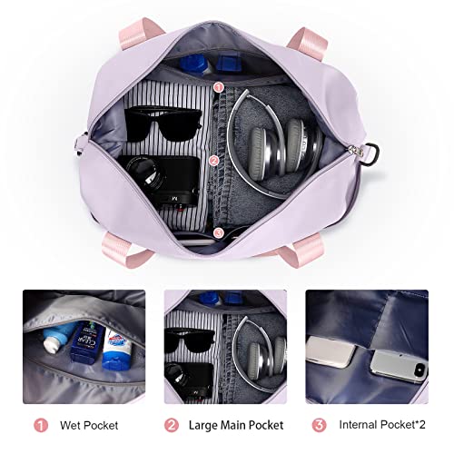 Purple Pink Waterproof Duffel Gym Tote Weekender Carry On Overnight Bag for Women with Trolley Sleeve & Wet Pocket