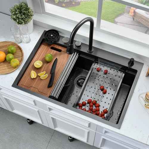 33x22 Black Waterfall Drop In Kitchen Sink with Fuacet Combo