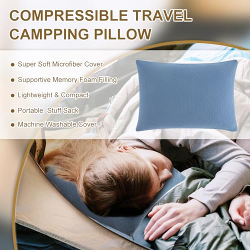 Memory Foam Travel Pillow Compressible Camping Pillow for Sleeping Shredded Memory Foam Pillow Compact Firm Supportive Travel Pillow for Adults Kids Outdoor Hiking Essential Gear Blue