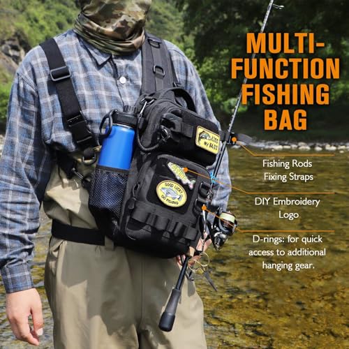 Small Fishing Backpack with Tackle Boxes Fishing Sling Bag DIY Embroidery Patches Tackle Bag Gift for Men Black