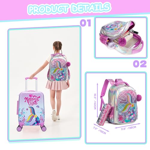 Cute Pink Mermaid Kid’s Luggage Set 5 Piece Suitcase Set 16’’ Hardside Luggage with Spinner Wheels Girls Boys Carry on Toddler Luggage Travel Rolling Luggage Carry on Luggage Airline Approved (5 Count)