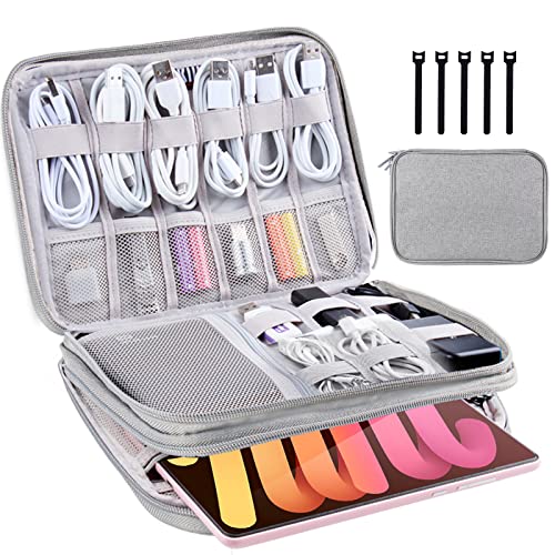 Electronics Organizer Travel Case Cord Cable Charger Organizer Bag Travel Accessories Essentials for Women Men Double Layers Tech Pouch with 5 Cable Ties for Phone Power Bank SD Card USB