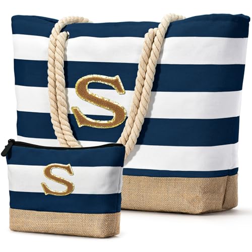 Beach Bag Initial Beach Tote with Makeup Bag for Travel