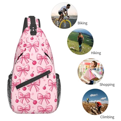 Sling Bag Pink Bows Cherry Hiking Daypack Crossbody Shoulder Backpack Travel Chest Pack for Men Women