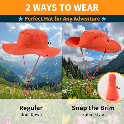 UPF50+ Wide Brim Sun Hat for Mens Womens UV Protection Beach Bucket Hat Airy Cowboy Hat for Fishing Hiking Gardening Orange