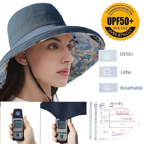 Womens Sun Hats Wide Brim Reversible Bucket Cotton Hat Packable Summer Travel Cap with Hat Clip