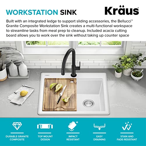 Bellucci 25 inch Granite Workstation Drop In Top Mount Single Bowl Kitchen Sink in White with Accessories