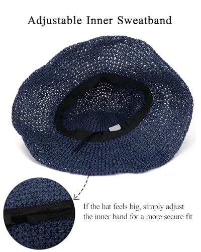 Womens Crochet Straw Sun Hat Foldable Floppy Wide Brim Beach Hat for Summer