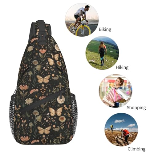 Sling Bag Vintage Butterfly Moon Flower Hiking Daypack Crossbody Shoulder Backpack Travel Chest Pack for Men Women