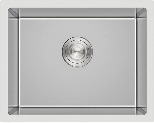 24 inch Undermount Kitchen Sink, 24 x 18 inch Single Bowl Stainless Steel Handmade Undermount Kitchen Sink with Sink Strainer, Brushed