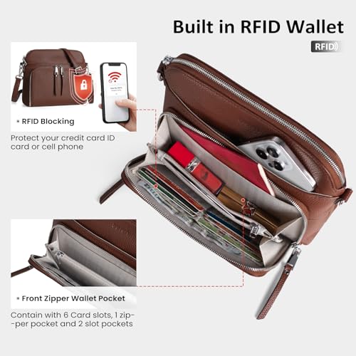 Genuine Leather Crossbody Bags for Women Travel Wallet Purse Coffee