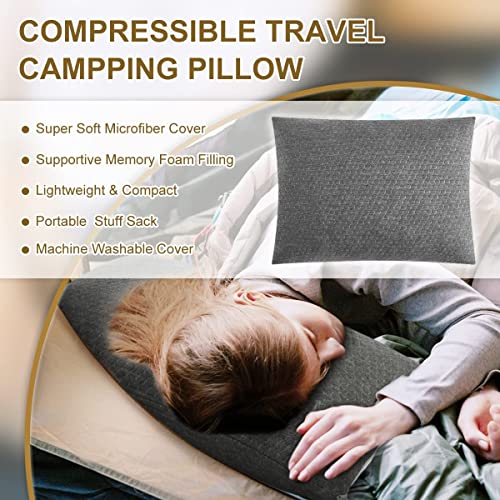 Memory Foam Travel Pillow Compressible Camping Pillow for Sleeping Shredded Memory Foam Pillow Compact Firm Supportive Travel Pillow for Adults Kids Outdoor Backpacking Hiking Essential Gear