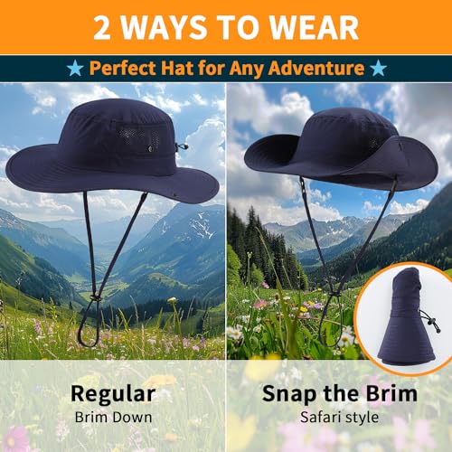 UPF50+ Wide Brim Sun Hat for Mens Womens UV Protection Beach Bucket Hat Airy Cowboy Hat for Fishing Hiking Gardening Navy Blue
