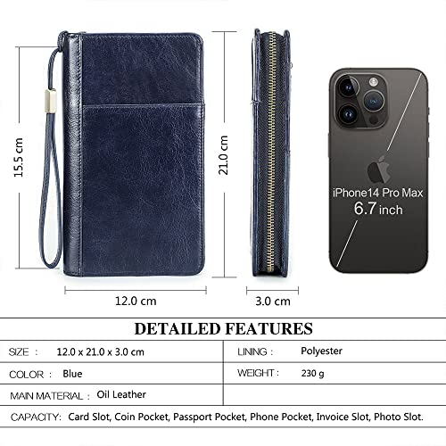 Passport Wallet Leather Family Passport Holder for 4 Travel Documents Organizer RFID Blocking Zipper Blue Card Wallet with 13 Card Slot (17 Count)