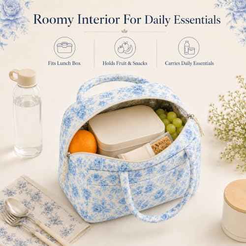 Lunch Bag for Women Cute Corduroy Lunch Tote Bags with Shoulder Strap Reusable Insulated Lunch Box Large Capacity Reusable Insulated Cooler for Work Picnic or Travel