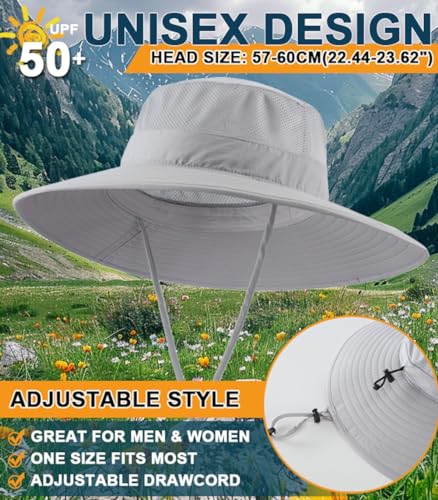 UPF50+ Mens Sun Hat Wide Brim Fishing Hat Airy Womens Sun Protection Hat Gardening Beach Bucket Hat Light Grey