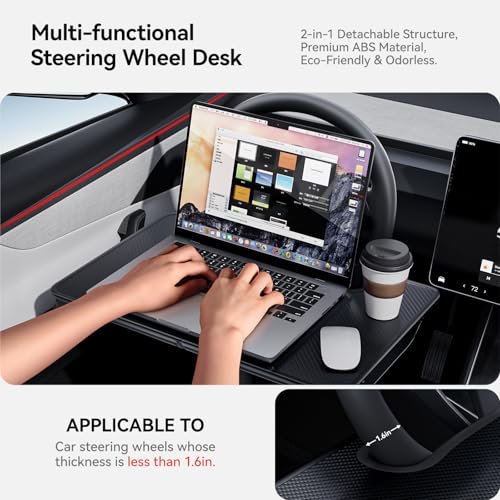2-in-1 Car Steering Wheel Desk Tray & Car Seat Gap Filler Organizer – Foldable Carbon Fiber Look Table for Laptop, Eating Food, Writing – for Standard Round Steering Wheels